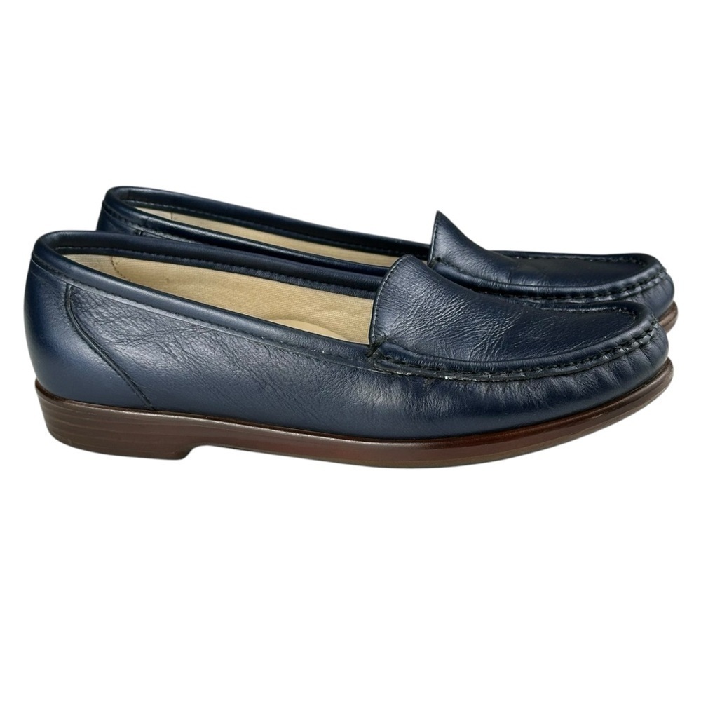 SAS Simplify Tripad Comfort Navy Blue Leather Moc Toe Loafers Women's 7.5 N